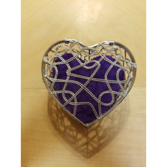 Whimsy Heart Shaped Mesh Open Design, Decorated Wire Trinket Box W/Purple Felt - Picture 1 of 12